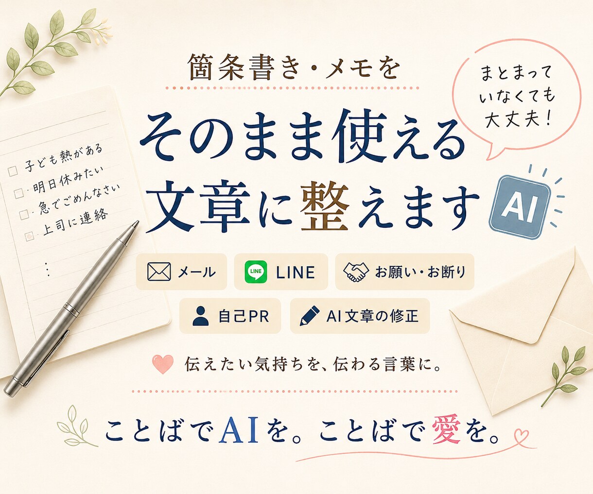 箇条書きやメモをそのまま使える文章に整えます 気まずい連絡・お願い・自己PRも自然な文章へ イメージ1
