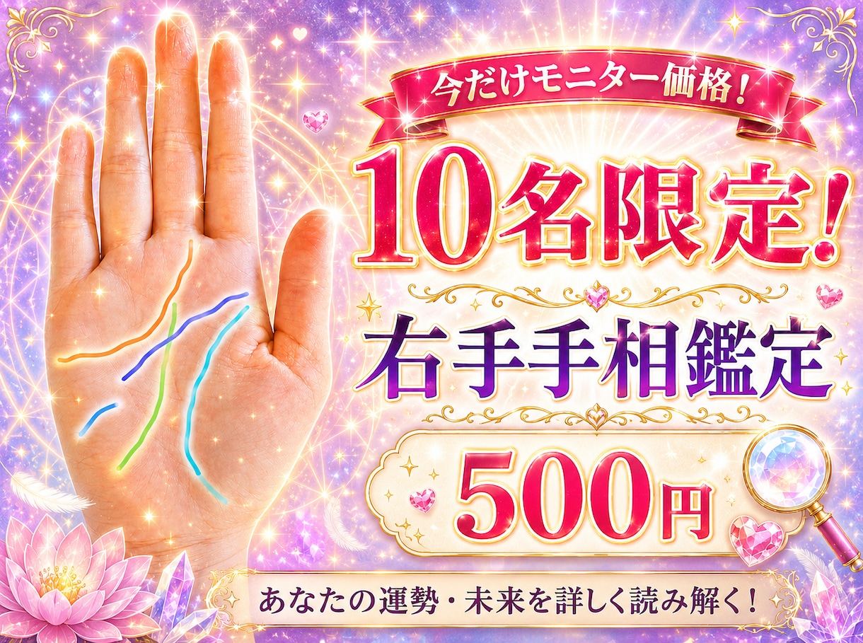 限定10名様片手500円でおためし！手相鑑定観ます 【評価をくださる方限定10名】右手の手相モニター鑑定します イメージ1