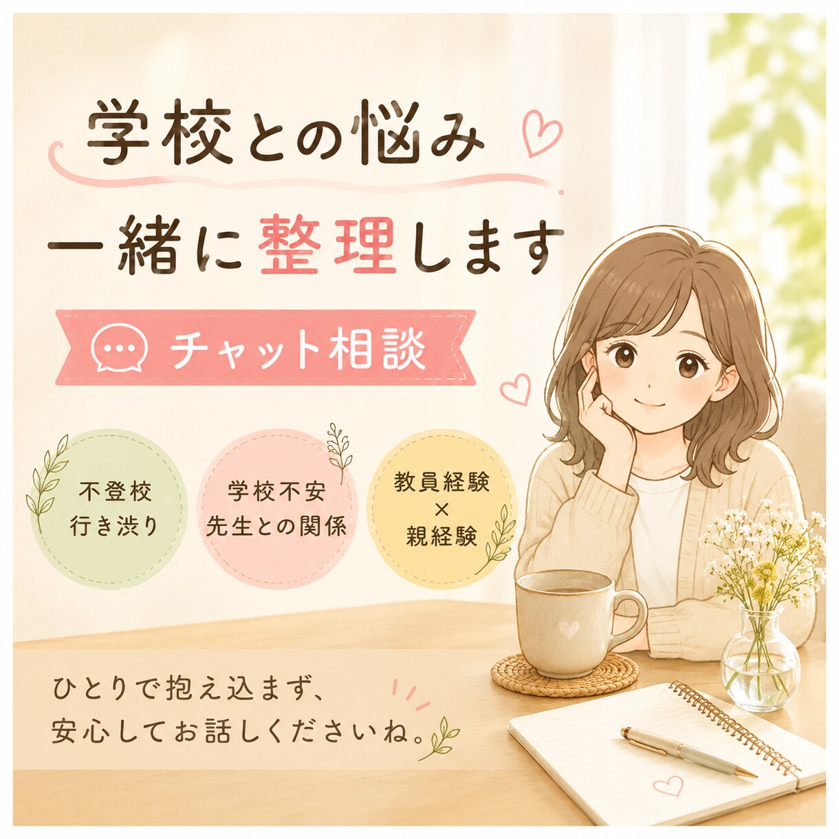 学校との悩み一緒に整理します 教員経験と不登校親経験をもとに学校の悩みに寄り添います イメージ1