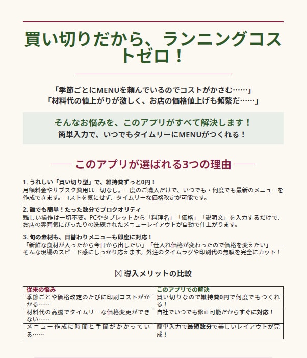 月額0円。飲食店向けメニュー作成アプリになります 買い切り型アプリ！店舗のメニューが自分で作れるアプリ イメージ3
