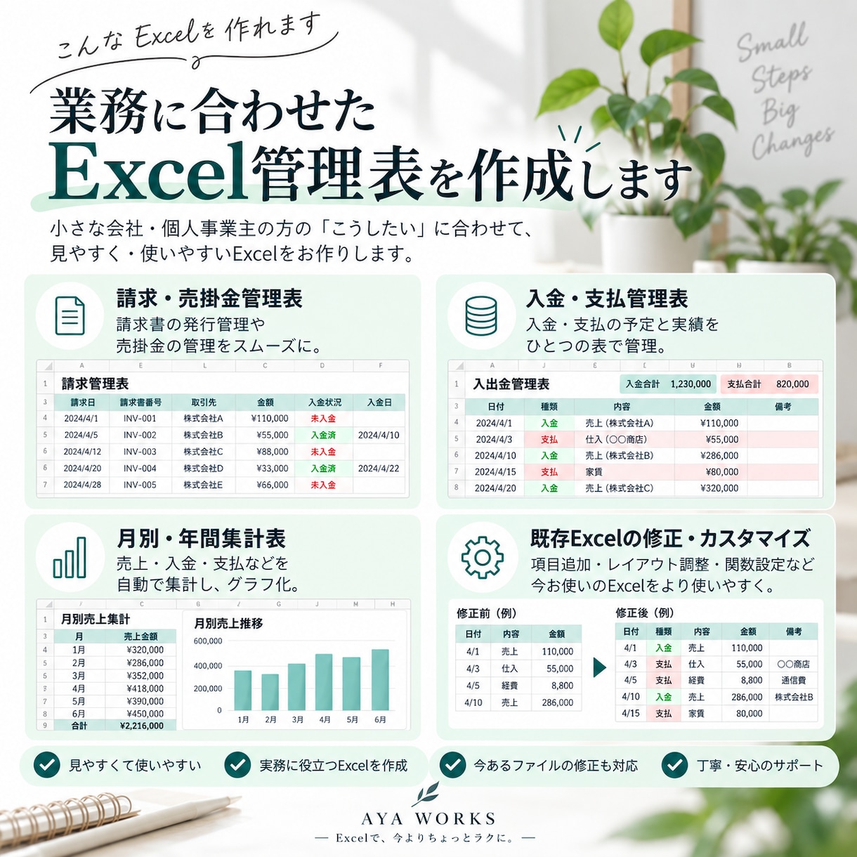 経理・事務経験を活かしExcel管理表を作ります 請求・入金・支払管理を使いやすく整えます イメージ3