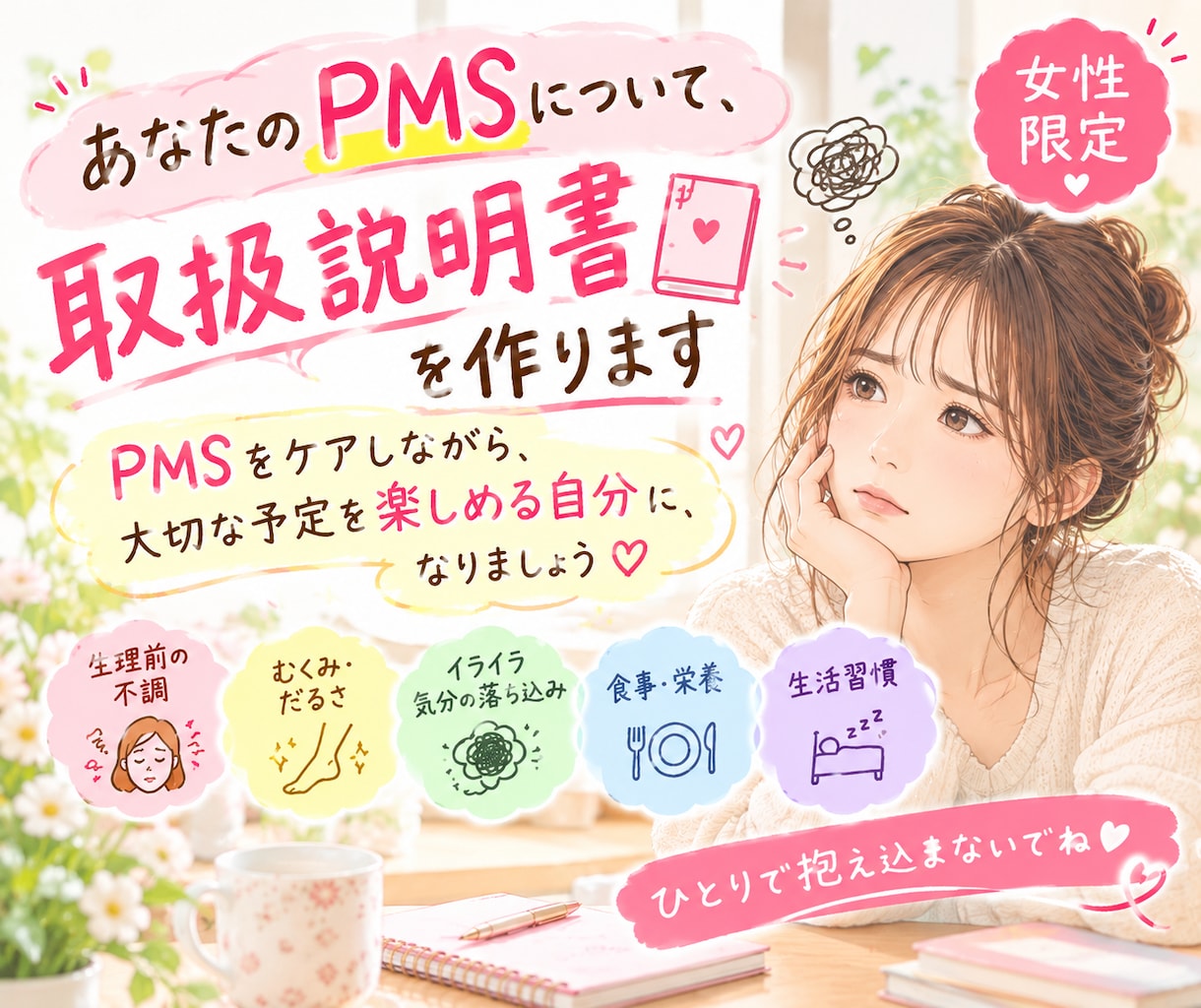 あなたのPMSについて、取扱説明書を作ります PMSをケアしながら、大切な予定を楽しめる自分になりましょう イメージ1