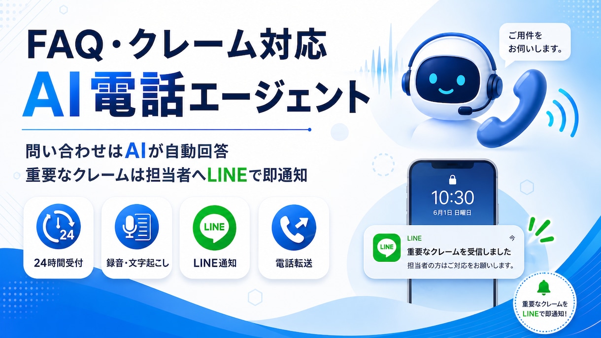 FAQ・クレーム対応AI電話を構築しますます 問い合わせ対応を自動化し重要案件を人へ通知 イメージ1