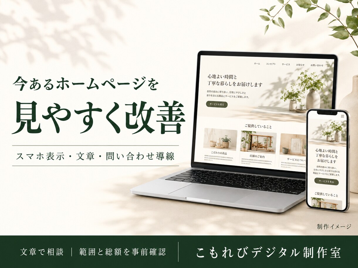 既存ホームページの見やすさと導線を改善します 文章で相談｜スマホ表示・文章・お問い合わせ導線 イメージ1