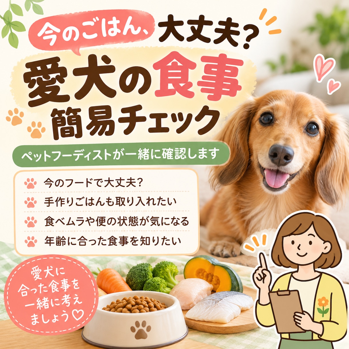 愛犬の今のごはんを簡易チェックしますます フードや手作り食の気になる点を一緒に整理します イメージ1
