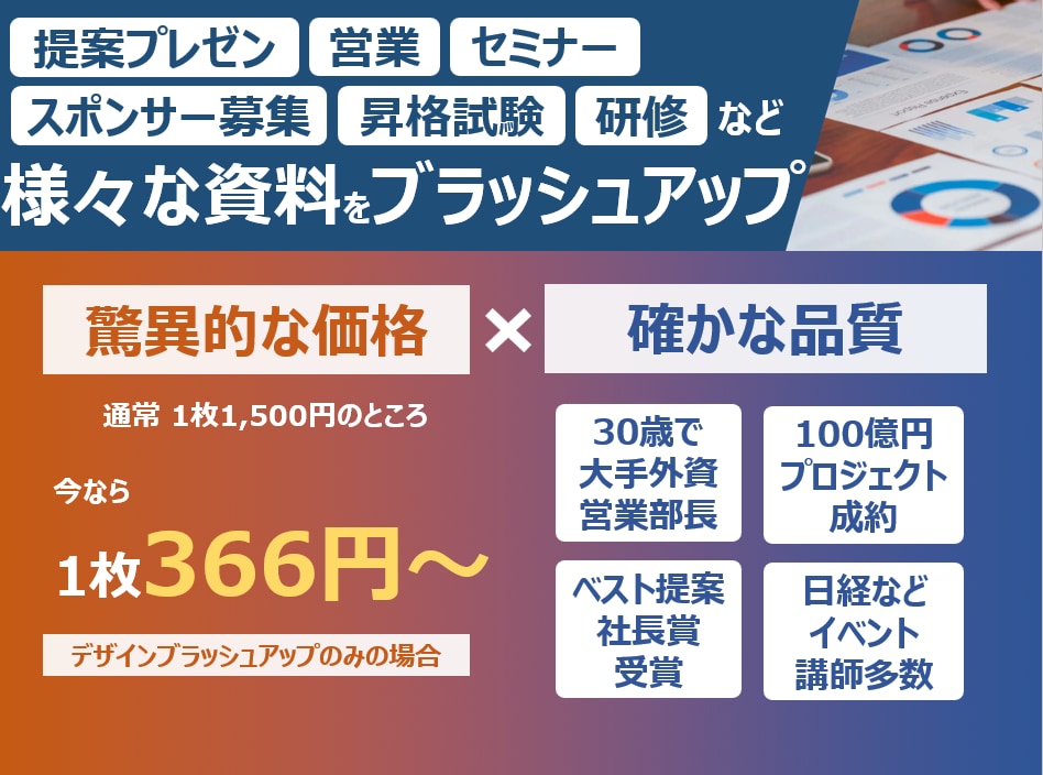 100億円案件成約 大手外資部長が進化させます パワポ資料をブラッシュアップ！一律価格キャンペーン開催！ イメージ1