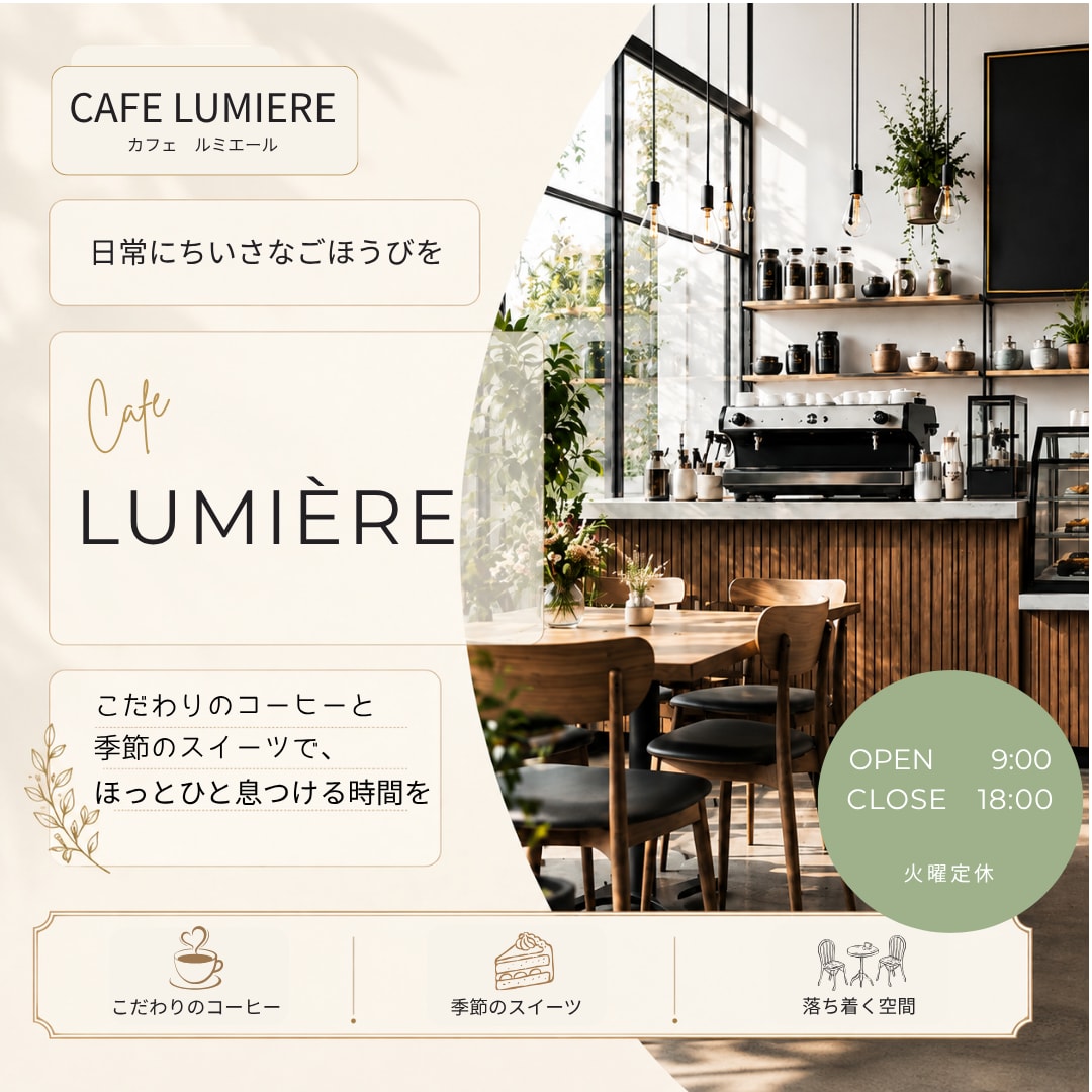 カフェ・飲食店向けSNS投稿画像を3枚作ります メニュー・店舗案内・季節のお知らせを見やすくデザイン イメージ2