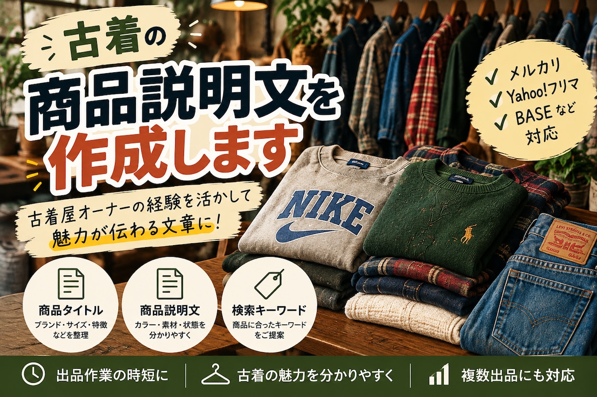 古着の商品説明文を作成します 古着屋オーナーが出品文を丁寧に作成 イメージ1