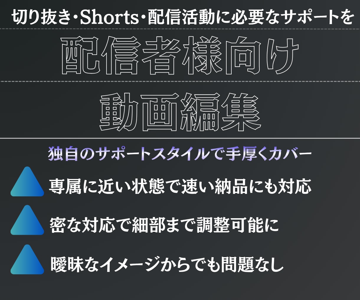 I【動画編集】商用/NDA/お急ぎ/格安/できます 独自のスタイルにより「安定感」「高品質」「柔軟対応」を実現 イメージ1