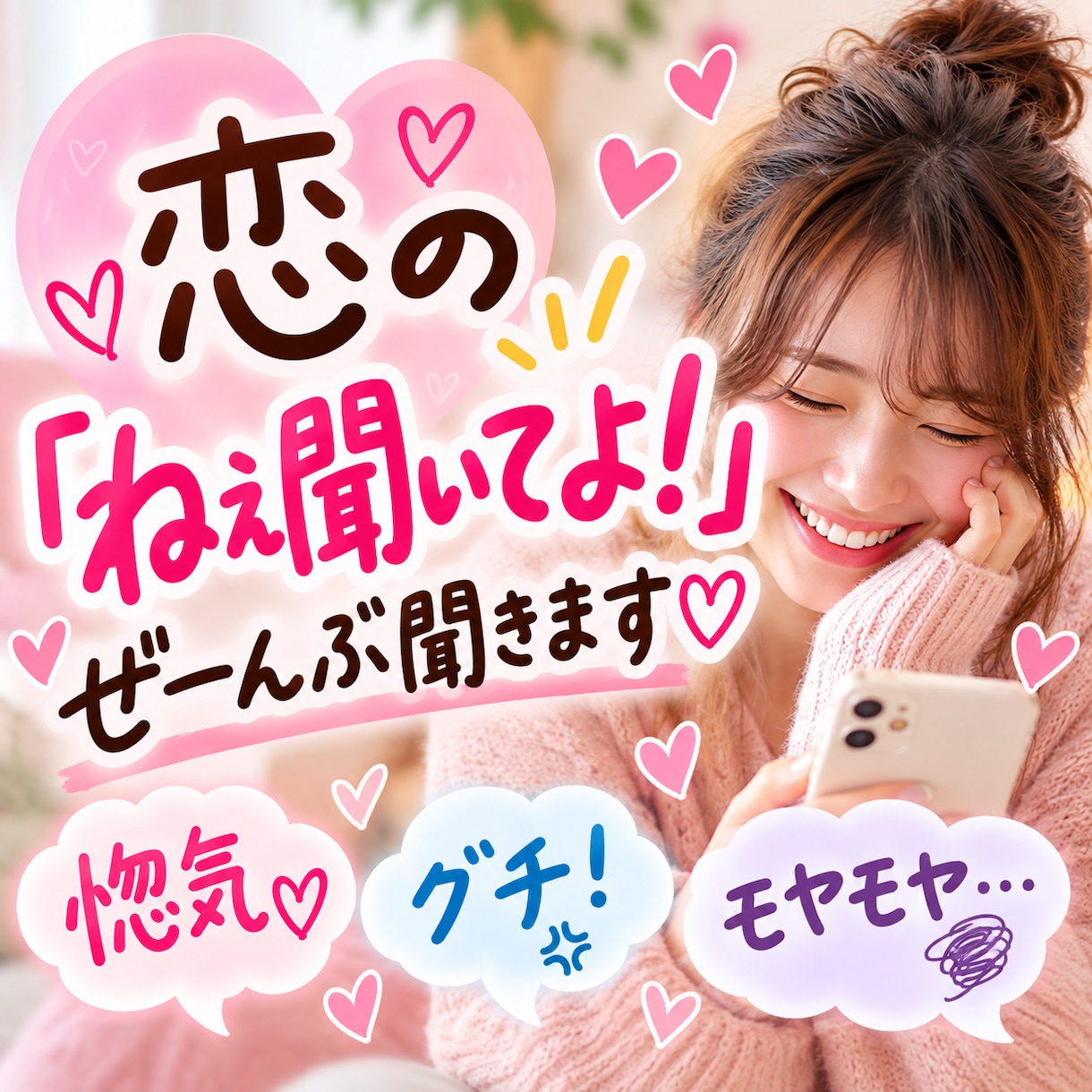 24時間チャット♡恋の「ねぇ聞いてよ！」聞きます 惚気もグチもモヤモヤも！友達にLINEする感覚で話してね♡ イメージ1