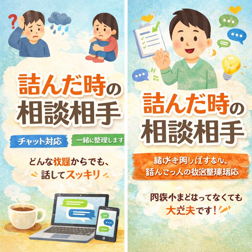 詰んだ時に、状況を一緒に整理します パニック気味・混乱している状態でもOK。まずは話すだけでも！ イメージ1