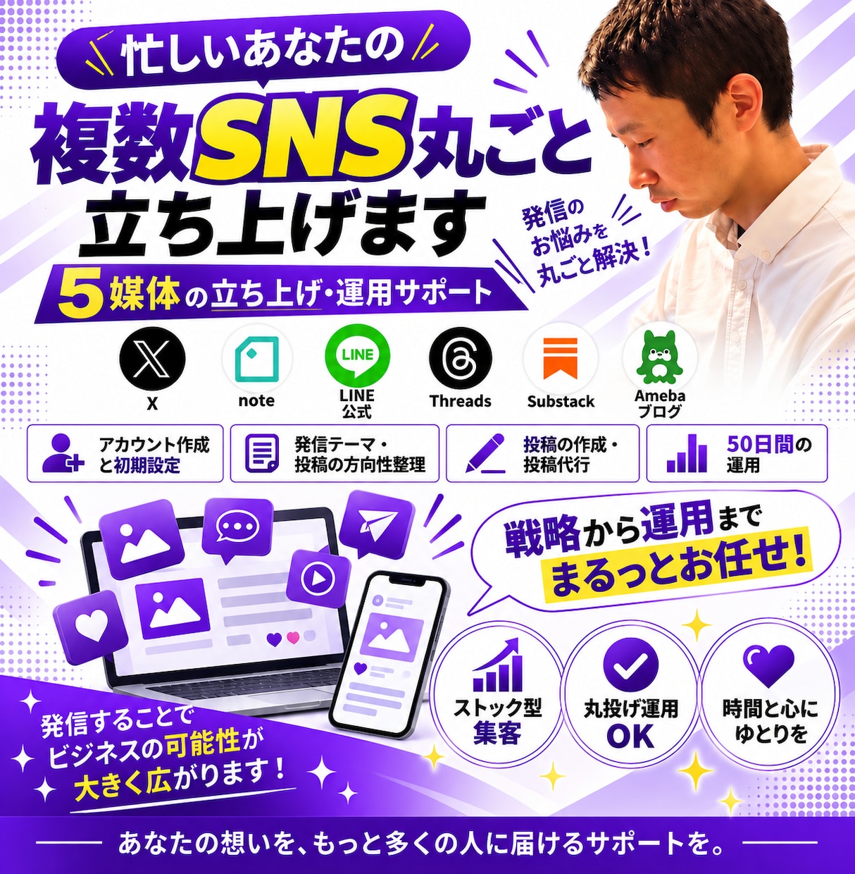 忙しいあなたのSNSを複数丸ごと立ち上げ運用します 始め方がわからなくても大丈夫。0から一緒に立ち上げます。 イメージ1