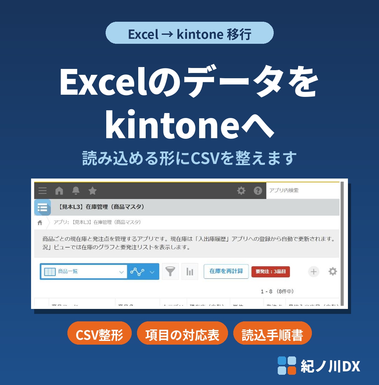 Excelデータをkintone用CSVに整えます 項目の対応表と読み込み手順書つきで、移行を支援します イメージ1
