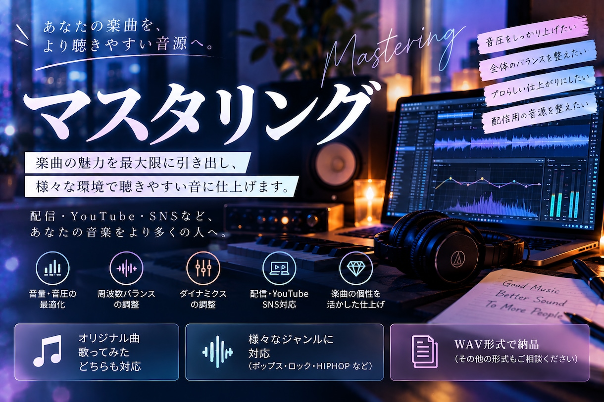 楽曲を聴きやすく整えるマスタリングをします あなたの楽曲をより聴きやすい音源へ仕上げます イメージ1