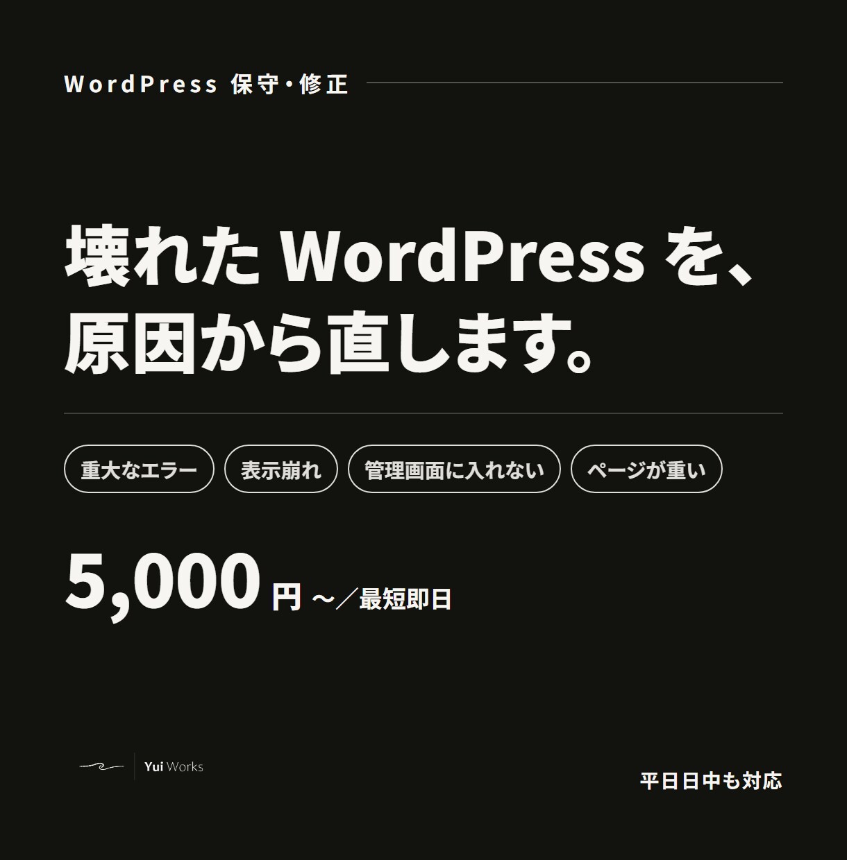 WordPressの不具合を原因から直します エラー・表示崩れ・重い・入れない。原因から直します イメージ1