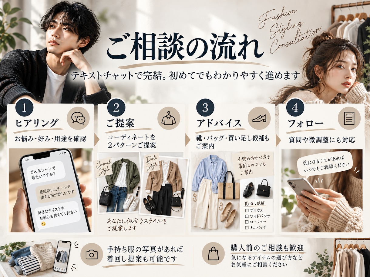 文化服装学院出身が似合う服をご提案します 男女問わず、好みや予算に合わせたスタイリングをご提案 イメージ3