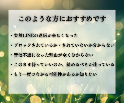 音信不通・LINEブロック｜彼の本音を霊視で視ます 今の彼の気持ちや復縁時期、2人の復縁への可能性深掘りします イメージ2