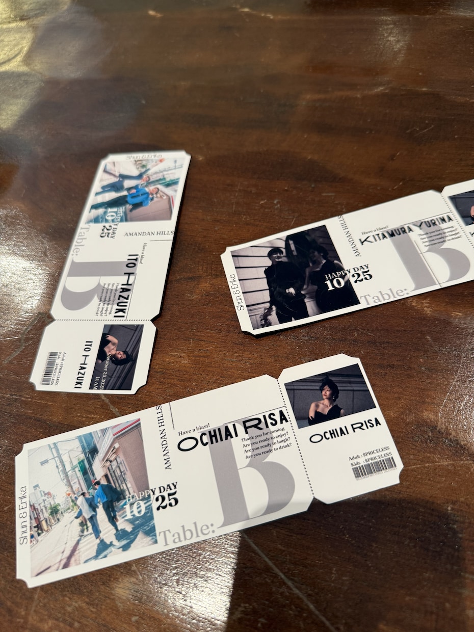 チケット風エスコートカード(席札も可能)作ります 切り取り線付きの半券はドレス当てクイズの投票券に✨ イメージ5
