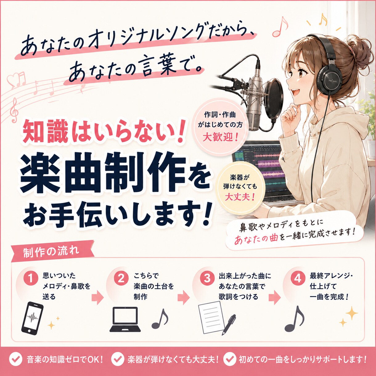知識はいらない！初めての楽曲制作をお手伝いします あなたのオリジナルソングだから、あなたの言葉で。 イメージ1