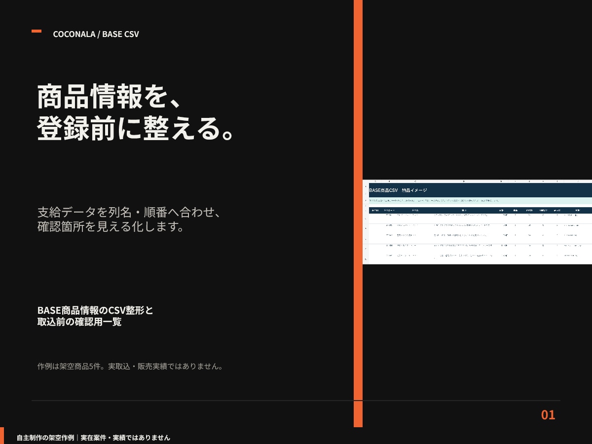 BASEの商品登録用CSVを20件分作成します 3,000円｜ログイン不要｜CSV＋確認表を3日目安で納品 イメージ2