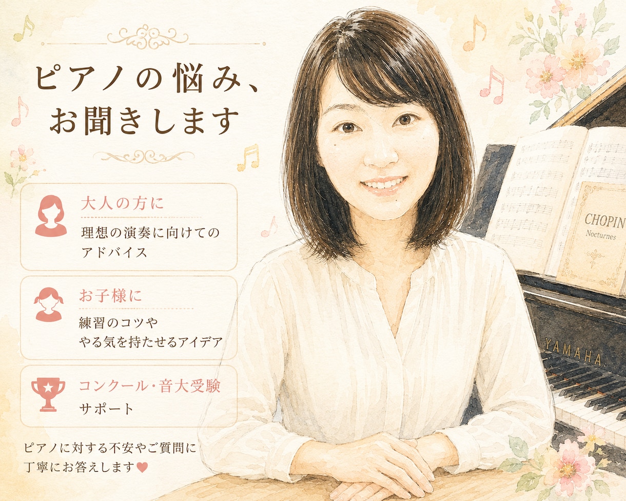 ピアノのお悩みをお聞きします 大人のピアノ、お子様の練習の相談に乗ります イメージ1