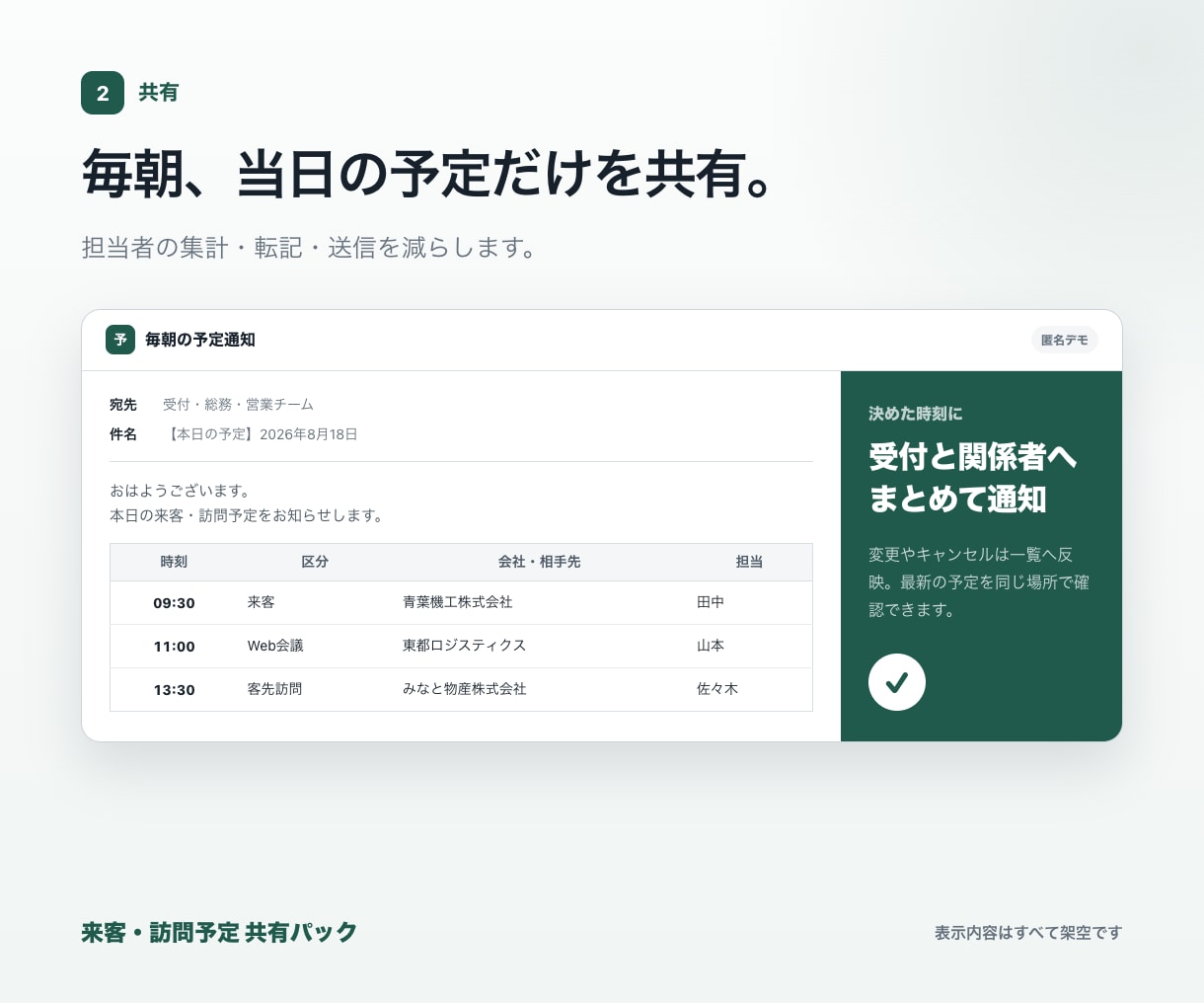 来客・訪問予定の社内共有をまとめて改善します Excel・メール・チャットへの二重入力を減らします イメージ3