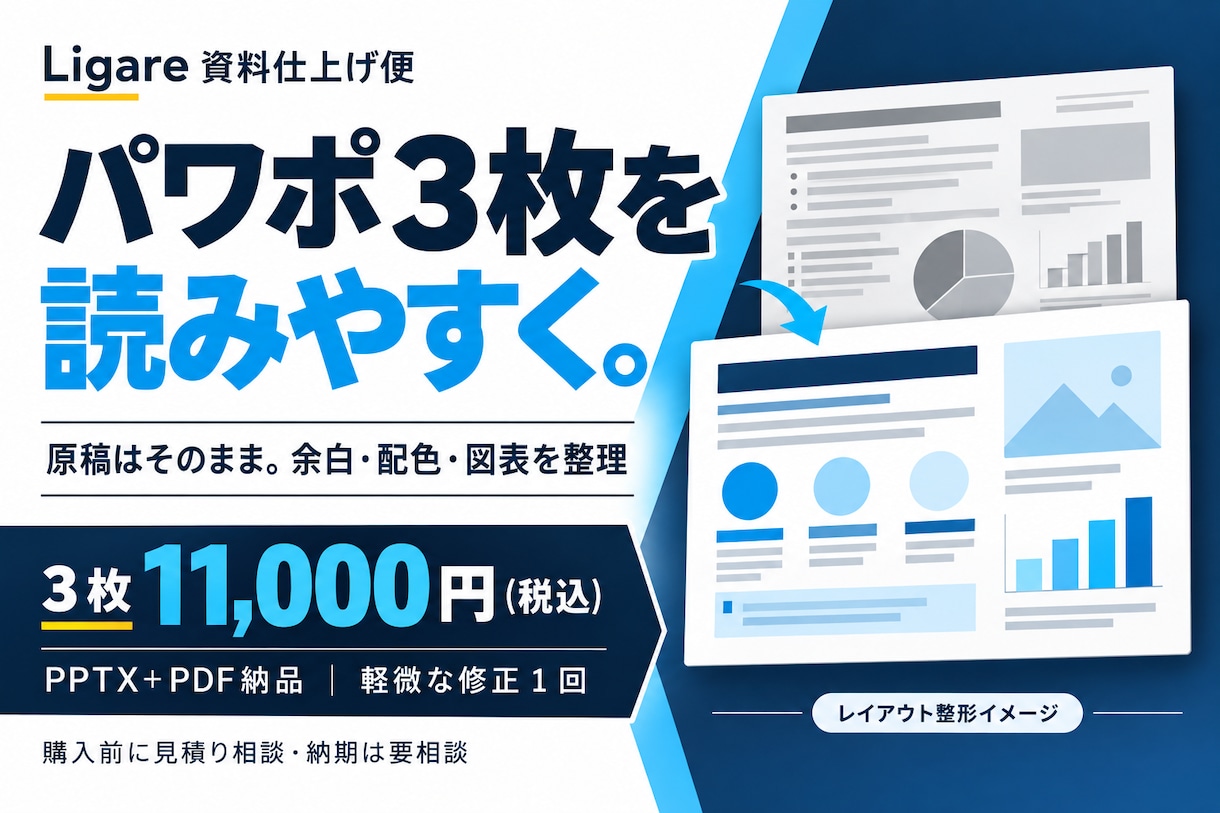 既存パワポ３枚を読みやすく整えます 原稿そのまま、余白・配色・図表を整理します イメージ1
