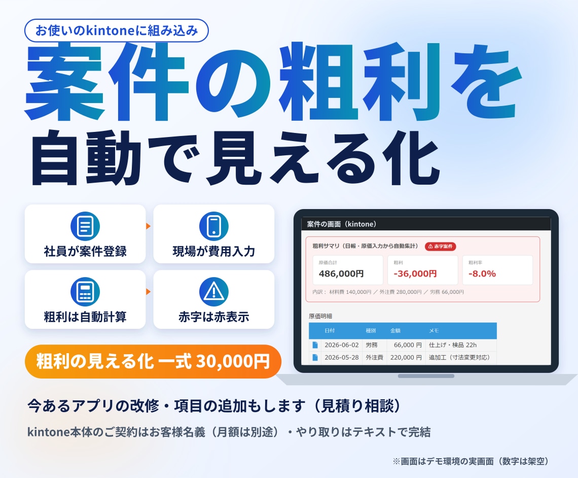 kintoneで粗利見える化、構築・改修します 案件を開けば粗利がその場に。赤字は赤く表示します イメージ1