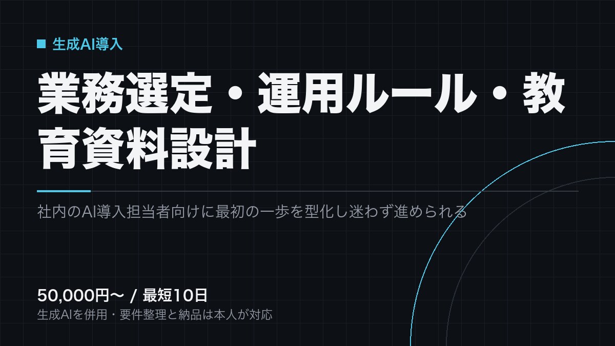 生成AI導入の業務選定と運用設計を支援します 何から自動化するかを決め、運用ルールと教育資料まで用意します イメージ1