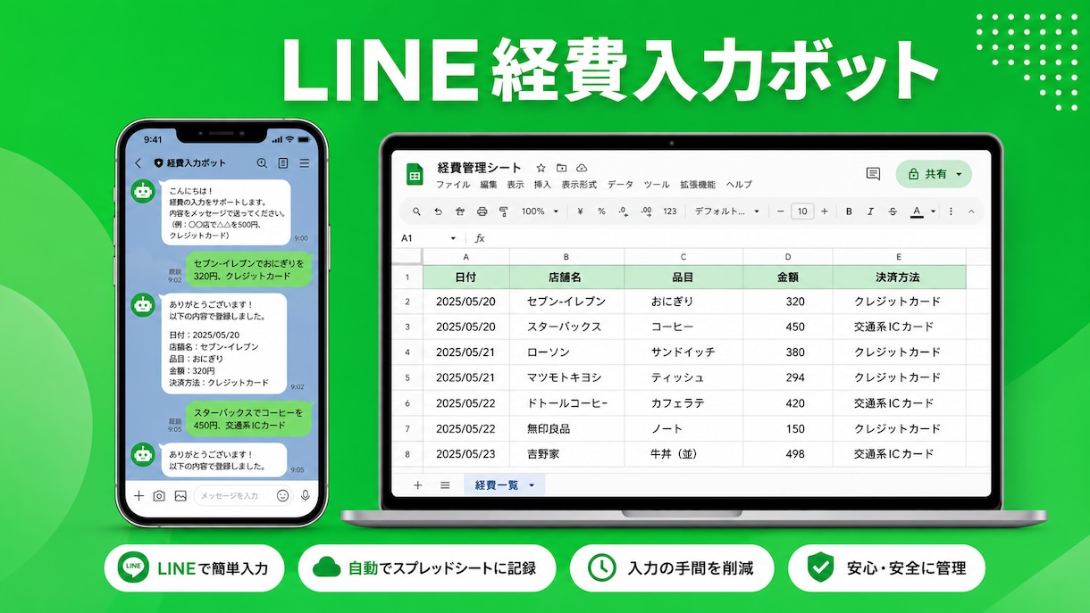 LINE経費入力ボットを構築します LINEに送るだけ｜経費がスプレッドシートに自動記録 イメージ1