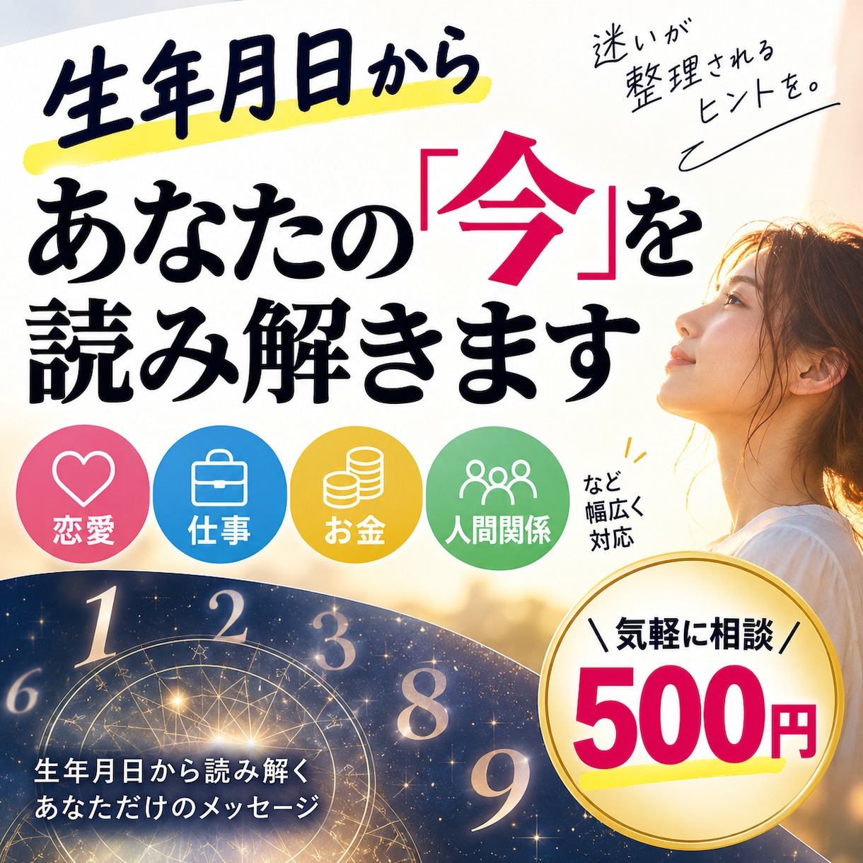 生年月日から今のお悩みを読み解きます 恋愛・仕事・お金・人間関係など幅広く鑑定します イメージ1