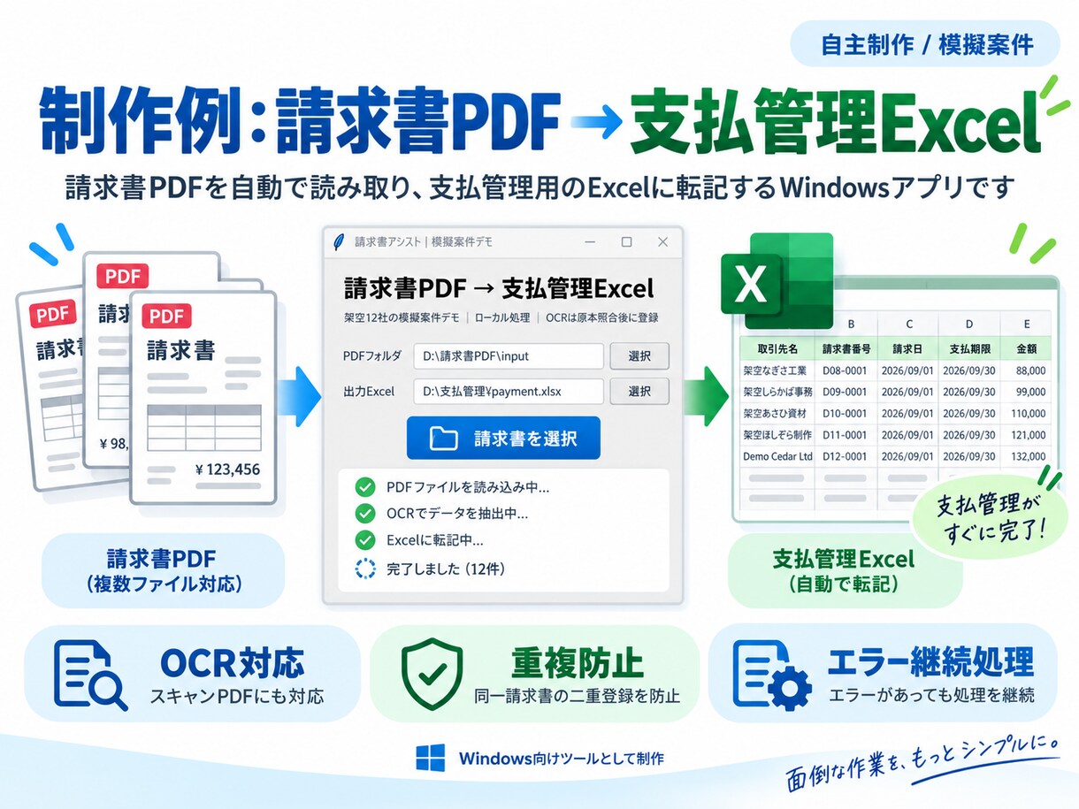請求書・帳票をExcelへ自動転記します スキャンPDFにも対応し、手入力・重複確認の手間を減らします イメージ4