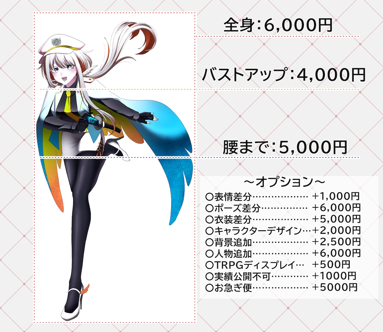 立ち絵、一枚絵、サムネイル、イラスト描きます ご希望により、表情差分、ポーズ差分、衣装差分が追加可能です！ イメージ3
