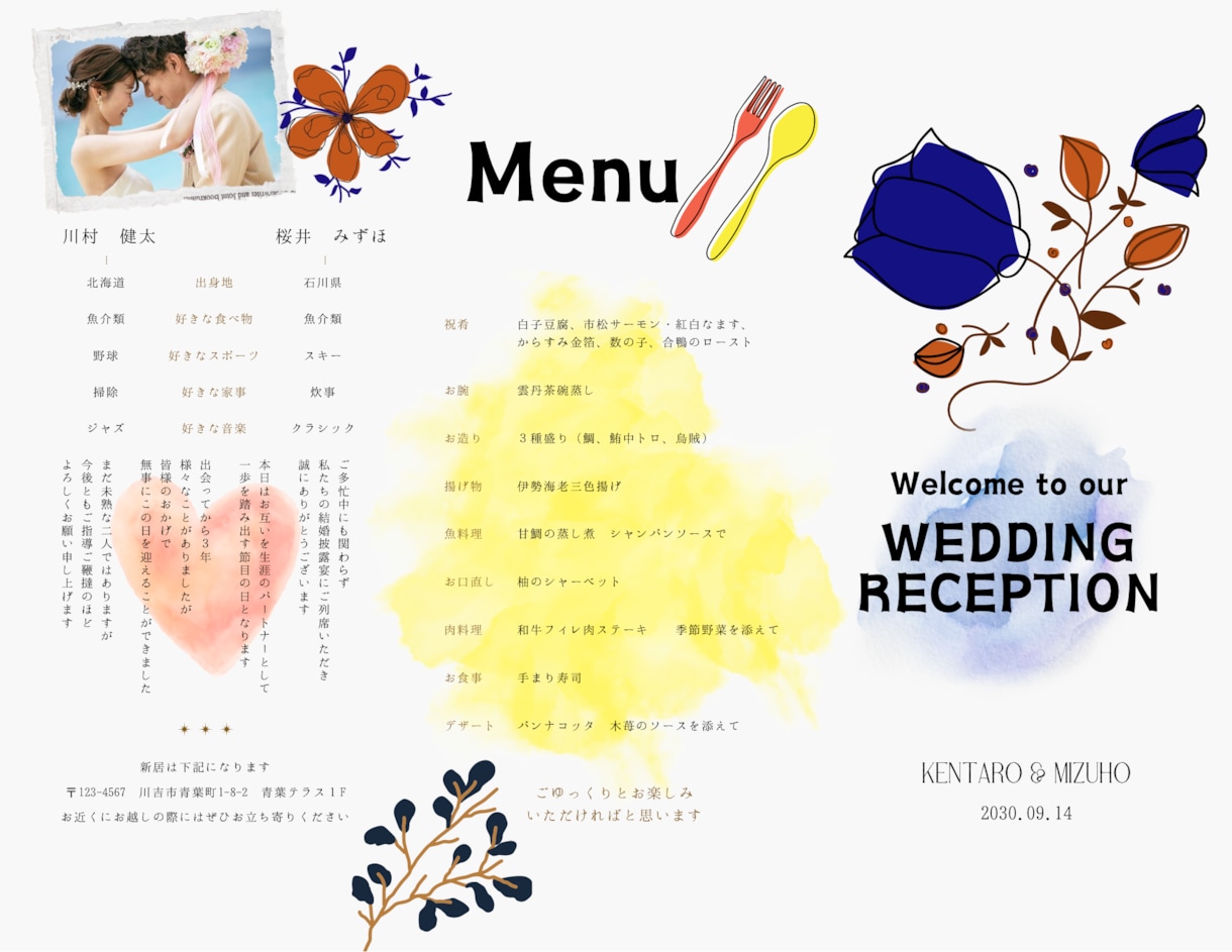 結婚式のメニューシートと席次表をデザインします カラフルなでオシャレな3つ折りメニューシートと席次表！ イメージ8