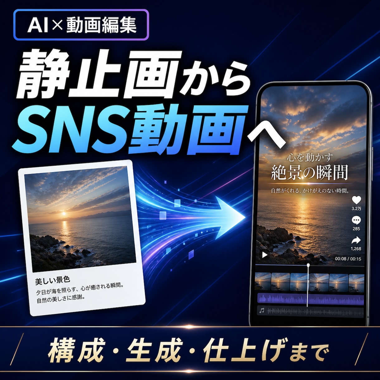 静止画からSNS向けAI動画を作ります 構成から編集まで、伝わる短尺動画に仕上げます イメージ1