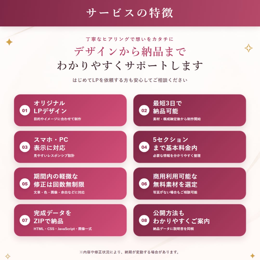 期間内修正無制限！丁寧に対応します お客様の目的やイメージを丁寧に伺い見やすいLPを制作します。 イメージ2