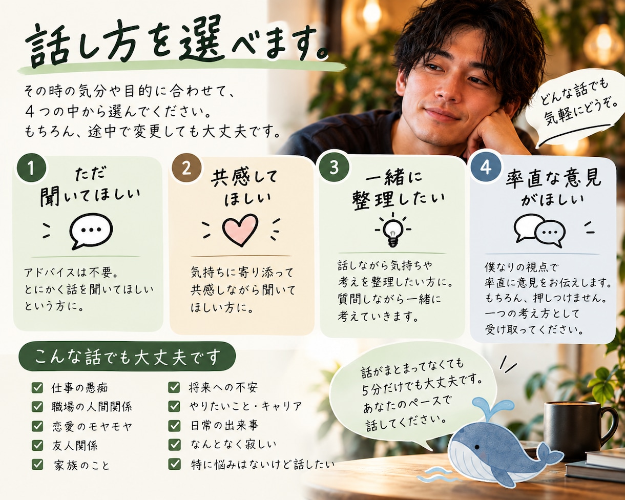 愚痴・モヤモヤ・人間関係｜男友達感覚で話聞きます 「ただ聞いて」も「どう思う？」もOK否定せず一緒に整理します イメージ3