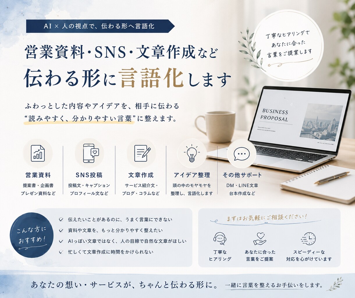 営業資料・文章作成など、伝わる形に言語化します 資料・文章・発信内容を自然に整えます イメージ1