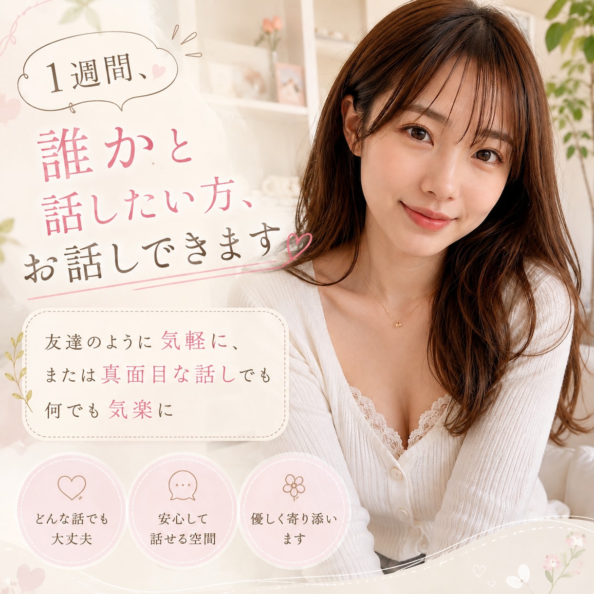 １週間、誰かと話したい方、お話しできます 友達のように気軽に、または真面目な話しでも何でも気楽に☺️ イメージ1