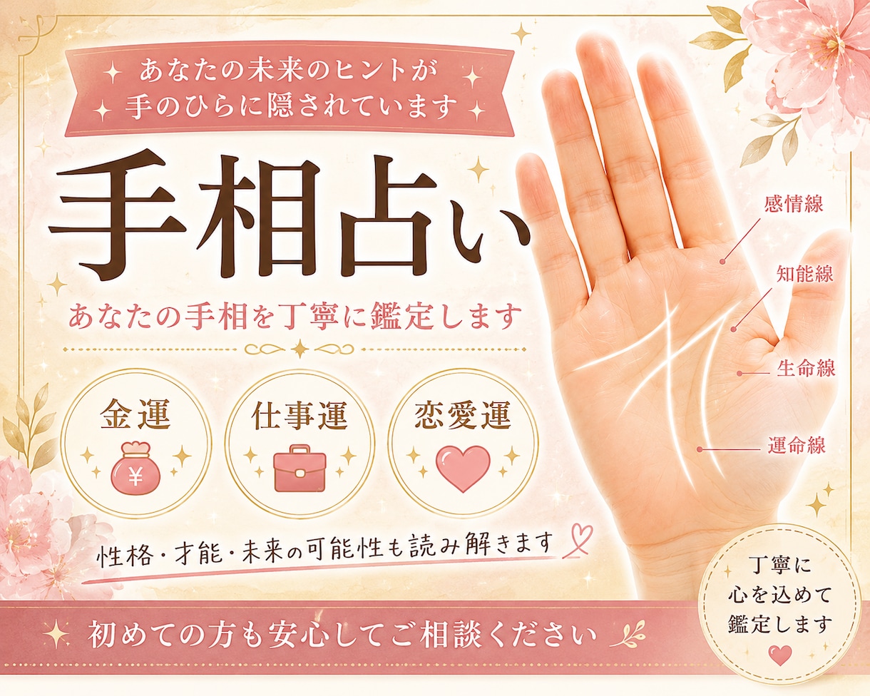 手相からあなたの金運・仕事運を占います 手相が初めての方も大歓迎！あなたの手相を丁寧に占います。 イメージ1