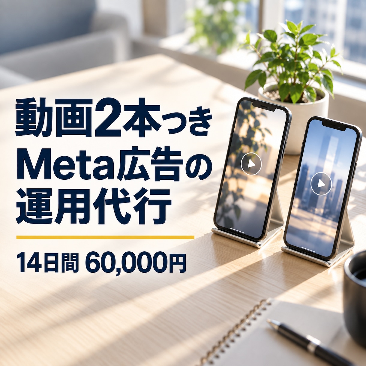 広告用の動画2本つきでMeta広告を運用します 動画は当社で作ります。撮影も素材のご用意もいりません イメージ1