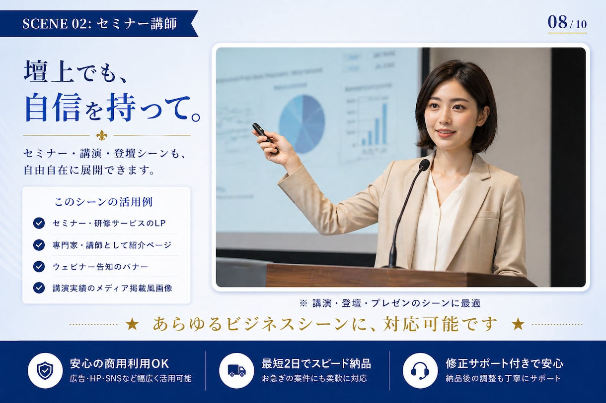 同一人物で統一感ある広告・SNS素材を量産できます 同じ顔・違うシーン。広告もSNSも、これ1人で全部いける。 イメージ8