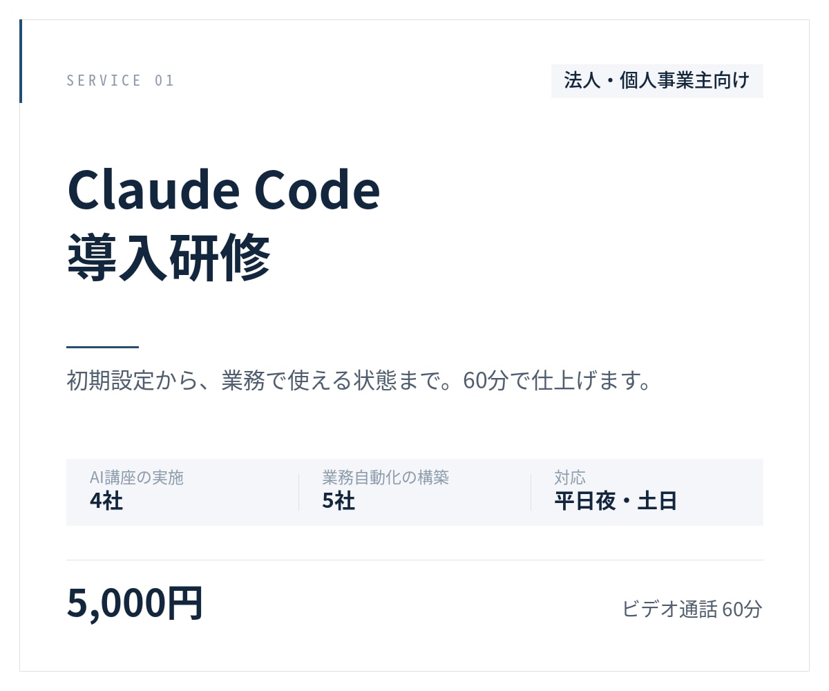 Claude Code導入研修を実施します 企業・経営者向け。設定から業務定着まで イメージ1