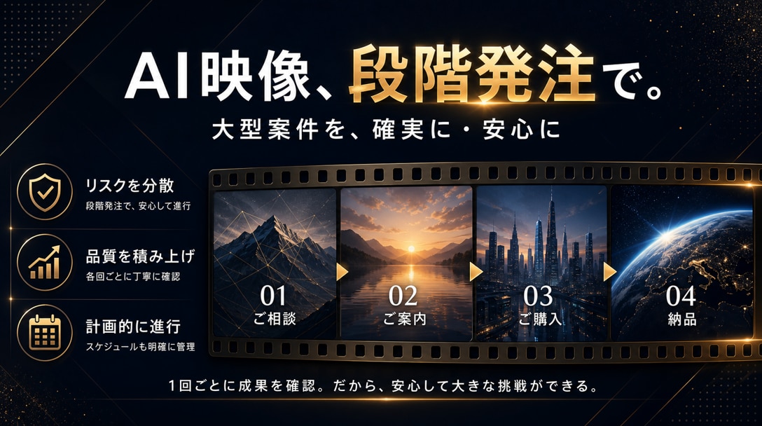 大型AI映像制作の分割発注受け枠（相談制）ます 事前相談済みの大型案件を段階発注・分割払い対応 イメージ1