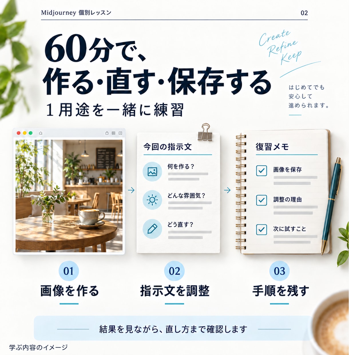 Midjourneyを60分で個別に教えます 作る・直す・保存する｜指示文と復習メモ付き イメージ2