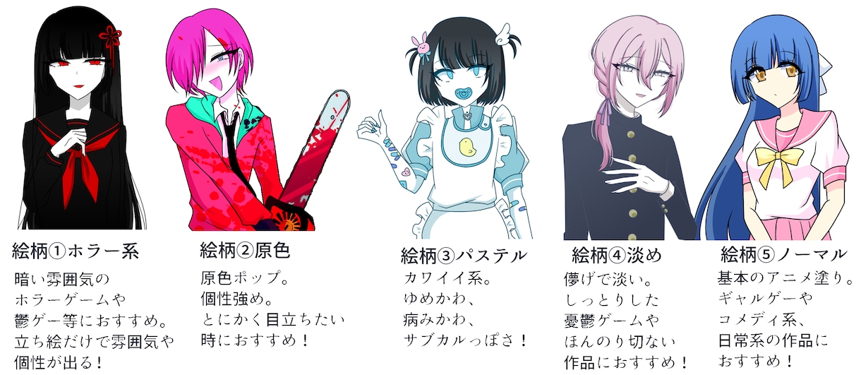 ゲーム用の立ち絵、スチル、タイトル画面お描きします ゲーム制作歴約10年の制作者が貴方のゲーム制作をお手伝い！ イメージ2