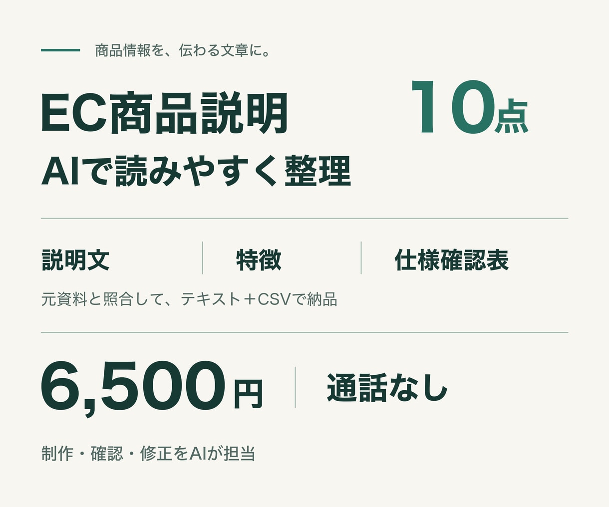 EC商品説明10点をAIで読みやすく整えます 仕様をそろえ、説明文・特徴・確認表を一括納品 イメージ1