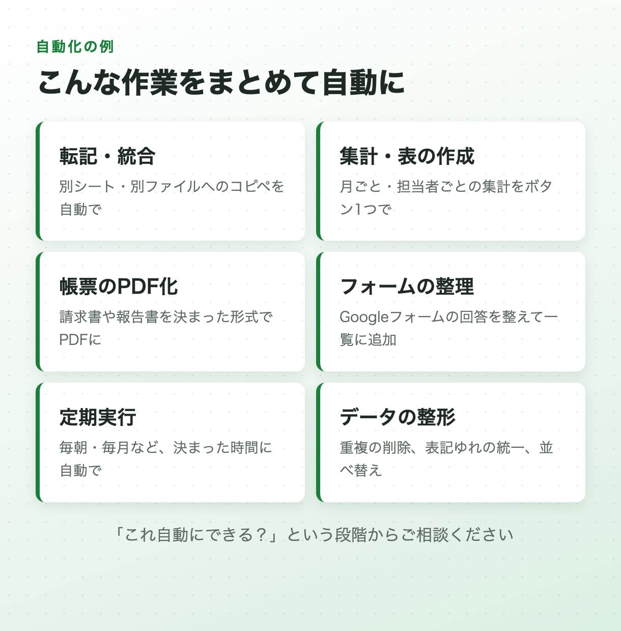 スプレッドシートの面倒な作業をGASで自動化します 転記・集計・通知など、毎日の手作業をボタン1つに イメージ2