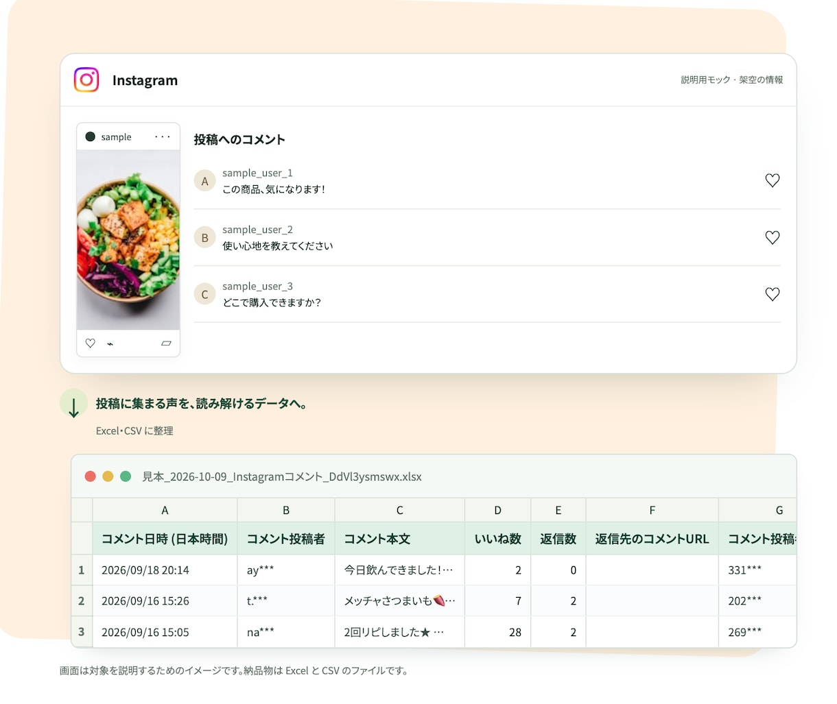 インスタ投稿のコメントをExcelで一覧にします コメントを返信ごと1件1行で一覧に。口コミや反応の確認に イメージ1
