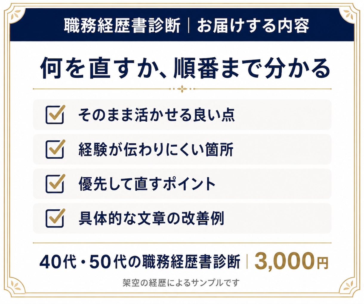 40代50代の職務経歴書を診断します 書類選考が通らない方へ。改善点と直す順番を診断 イメージ7